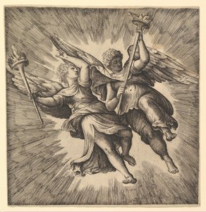 Deux anges ou génies ailés portant des torches