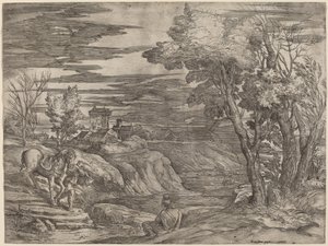 Paysage avec un homme menant un cheval - Battista Franco after Titian