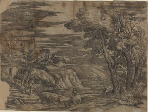 Paysage avec un homme menant un cheval - Battista Franco, after Titian