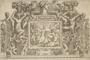 Femme assise avec les bras étendus, personnification de la Renommée avec une trompette à droite... - Battista del Moro