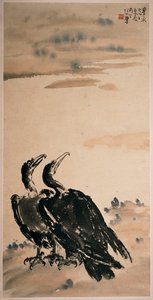 Deux Cormorans (rouleau suspendu et couleur sur papier) - Beihong Xu