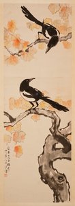 Deux pies sur un arbre à feuilles rouges - Beihong Xu