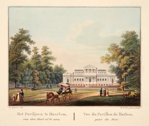 Het Paviljoen te Jaarlem, van den Hout af te zien. Vue du Pavillon de Harlem, prise du Bois, 1825 (gravure coloriée à la main) - Bendrik Greeven