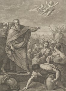 Moïse à gauche avec les Israélites qui ramassent la manne tombée du ciel, deux anges au-dessus