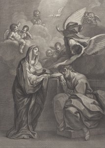Planche 6 : Le rêve de Saint Joseph, avec la Vierge Marie à gauche et un ange au-dessus qui pointe..., 1777