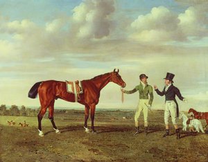 Zinganee tenu par Sam Chifney Junior avec le propriétaire M. William Chifney, à Newmarket, vers 1829