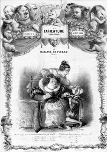 Le mariage de Figaro, Acte 11, avec les personnages de Suzanne et la comtesse Almaviva : « _ mais vois ce morveux comme il est joli en fille... ne seras-tu pas joli comme ça ? » illustration, 1838 - Benjamin Roubaud