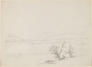 Paysage alpin avec un couple assis près des arbres surplombant une vallée