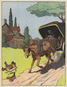 Poules effrayées par un chariot tiré par des chevaux - Benjamin Rabier