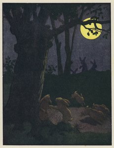 Lapins sous un arbre par une nuit de pleine lune - Benjamin Rabier
