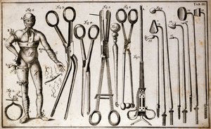 Différents types de pinces et instruments chirurgicaux. Un homme portant différents types de tourniquets et bandages. Planche de chirurgie illustrée par Benoist Louis Prevost (1735-1809). XVIIIe siècle - Benoit Louis Prevost