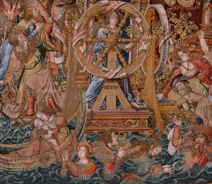 Tapisserie flamande. Série Les Honneurs. Fortune, Le chemin des Honneurs. Cinquième tapisserie de la série. Modèle Dessinateurs du cercle de Bernard van Orley et Jan Gossaert de Mabuse. Manufacture Pieter van Aelst, Bruxelles