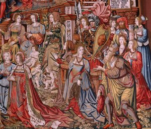 Tapisserie flamande. Série Les Honneurs. La Justice. Neuvième tapisserie de la série. Modèle de la cour de Bernard van Orley et Jan Gossaert (Mabuse). Manufacture Pieter van Aelst, Bruxelles. Ca 1550