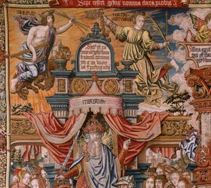 Tapisserie flamande. Série Les Honneurs. La Noblesse. Quatrième tapisserie de la série. Modèle de la cour de Bernard van Orley et Jan Gossaert (Mabuse). Manufacture Pieter van Aelst, Bruxelles. Ca 1550