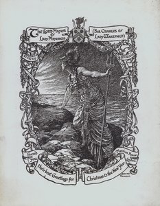 Britannia regardant la mer, carte de vœux de Noël de la Première Guerre mondiale du Lord Maire et de la Lady Mayoress de Londres, Sir Charles et Lady Wakefield - Bernard (after) Partridge