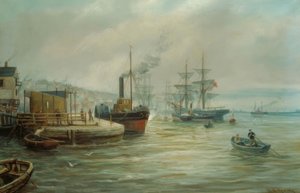Un bateau à vapeur à aubes et autres navires