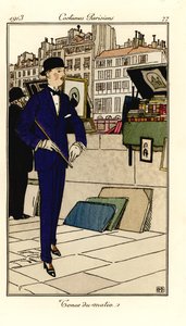 Homme en costume, chapeau melon et canne marchant devant des bouquinistes sur la Seine. Tenue du matin.