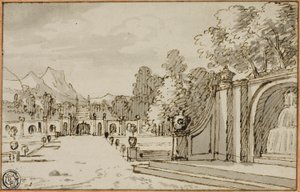 Jardin à la française avec fontaine au premier plan