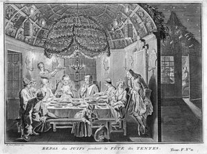 Judaïsme : repas pour le peuple juif pendant la fête de Souccot (fête des tabernacles ou des cabanes) Gravure de « Illustration des cérémonies et coutumes religieuses de tous les peuples du monde » par Bernard Picart (1723-1743) 1819 Collection privée