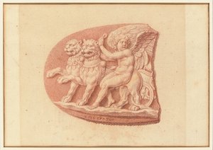 Une des quatre études après camées, trois avec des portraits de profil classiques et une avec un relief fragmentaire de Cupidon et deux lions tirant un char