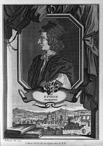 Portrait de Giovanni Francesco Poggio Bracciolini, dit Le Pogge ou Le Pogge Florentin (1380-1459), humaniste italien, gravure de Bernard Picart, Paris