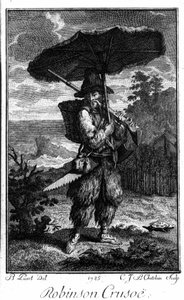 Représentation de Robinson Crusoé sur son île déserte. Gravure par Bernard Picart illustrant le roman de Daniel Defoe