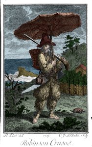 Représentation de Robinson Crusoé sur son île déserte. Gravure de Bernard Picart (1673-1733) illustrant le roman de Daniel Defoe (1660-1731)