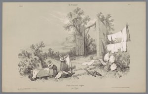 Deux femmes et une fille faisant la lessive dehors
La Campagne. Études variées aux deux Crayons (série)
