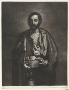 Philosophe mendiant avec bol en bois et bouteille de vin