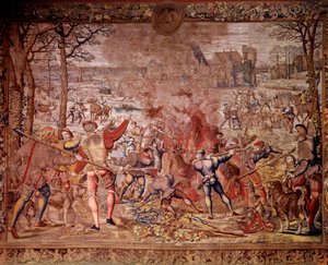 Les chasses de Maximilien appelées « Belles chasses de Guise » : le mois de janvier, Verseau, chasse au sanglier, flambée, curée - Tapisserie réalisée dans les ateliers flamands par Bernard van Orley - Bernard van (after) Orley