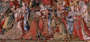 Tapisserie flamande. Série Les Honneurs. Justice. Neuvième tapisserie de la série. Modèle Cercle de Bernard van Orley et Jan Gossaert (Mabuse). Manufacture Pieter van Aelst, Bruxelles. Vers 1550. Tissu Or, argent, soie et laine.