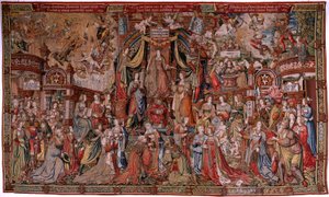 Tapisserie flamande. Série La Passion du Christ (De vierkante passie). Le Christ au Mont des Oliviers (Christus in de Hof van Olijven). Manufacture Pieter de Pannemaeker, Bruxelles. Dessinateur Barend van Orley. Vers 1518-1522.