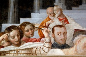 Figures masculines et féminines, détail du Cycle de la Vierge (1553), fresque de Bernardino Lanino (1512-1583), sacristie inférieure de la cathédrale de Novara, Piémont, Italie