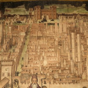 Saint Antoine et vue de Pavie, détail du cycle des Histoires de Saint Théodore, fresques de Bernardino Lanzani (vers 1460-1530), Église de Saint Théodore, Pavie, Lombardie, Italie