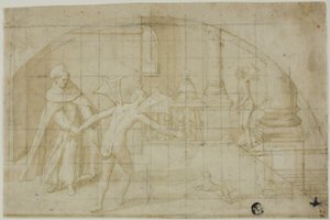 Conception pour une lunette : Diables et saint dans un monastère