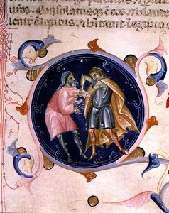 Miniature de deux hommes se querellant, de la Bible de Charles V de Valois