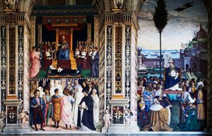Pie II arrivant à Ancône pour lancer la croisade (16e siècle), fresque de Pinturicchio (1452-1513), Bibliothèque Piccolomini, Cathédrale de Sienne, Toscane, Italie - Bernardino di Betto Pinturicchio
