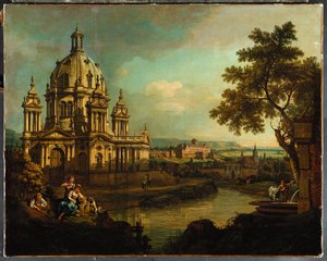 Un capriccio avec une église à dôme et des bâtiments à Pirna, c.1765 - Bernardo Bellotto