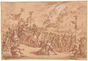 Un évêque saint agenouillé à côté du cortège d
