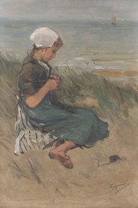 Fille tricotant dans les dunes - Bernardus Johannes Blommers