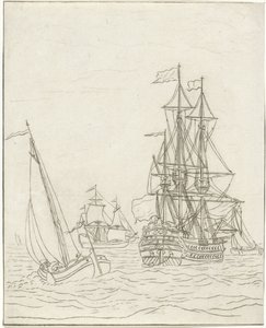 Un navire de guerre et trois voiliers en pleine mer - Bernhard Schreuder