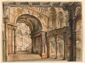 Décor de scène, cours et escaliers du palais