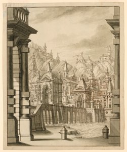 Décor de scène, ville sur colline avec bâtiments à tourelles - Bibiena Family, 1657