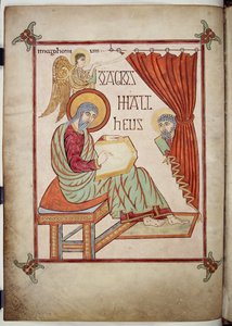 Cotton Nero D. IV, f.25v Saint Matthieu, écrivant, avec son symbole, des Évangiles de Lindisfarne, 710-721 - Bishop of Lindisfarne Eadfrith