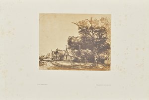 [Paysage avec trois chalets à pignons au bord d