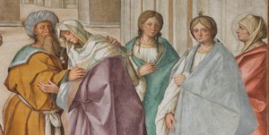 Nef centrale, Première travée nord, Rencontre de Saint Joachim et Sainte Anne à la Porta Aurea, Boccaccio Boccaccino 1514-15, Détail