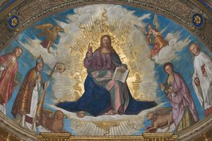 Le Rédempteur en gloire parmi Saint Himérius, Saint Marcellin, Saint Omobono et Saint Pierre, et les symboles des évangélistes - Boccaccio Boccaccino