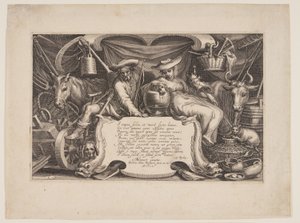 Plaque de titre, tirée de Paysages avec fermes - Boetius Adams Bolswert