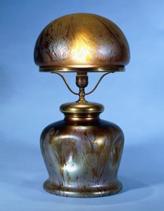 Lampe de table rare Loetz en laiton (verre avec lustre métallique doré et bronze)