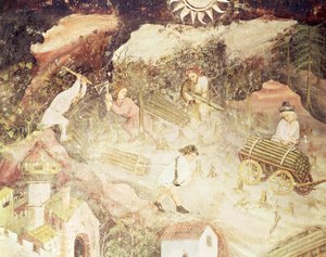 Le mois de décembre, (détail) des hommes abattant des arbres, c.1400